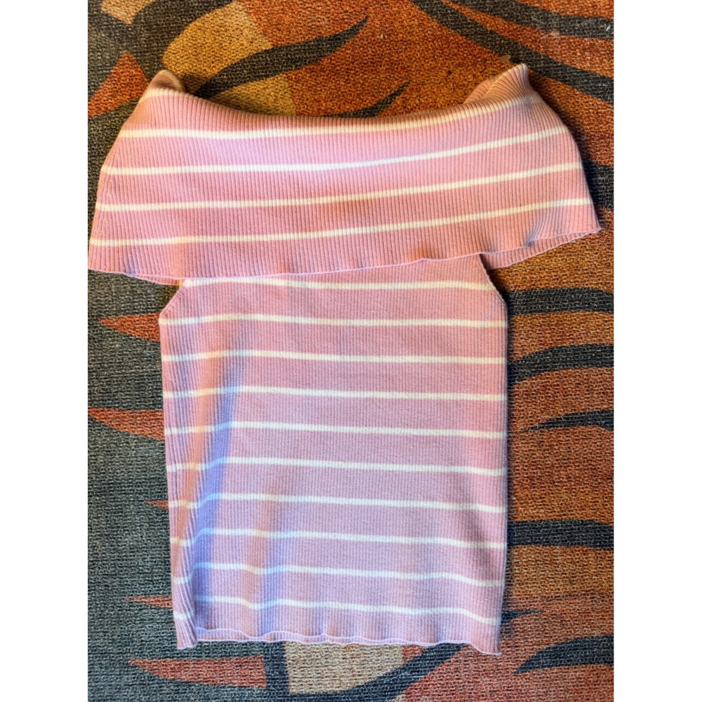 Active USA Pink White Striped Ribbed Off The Shoulder Soft Top NWT L - Picture 3 of 4
